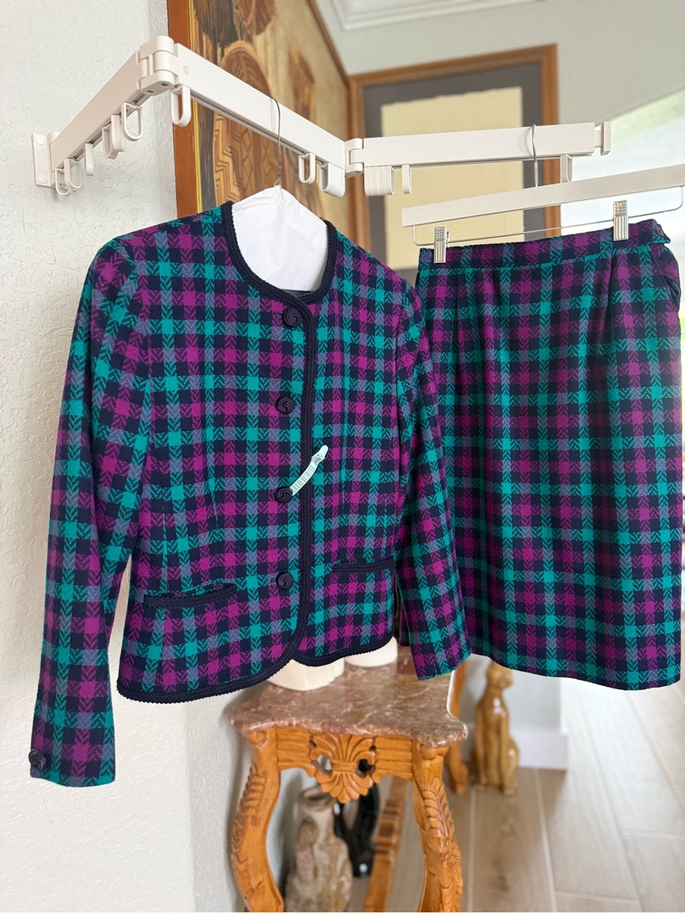 VTG Pendleton 100% Wool Check Two-Piece Skirt Suit in Teal & Purple